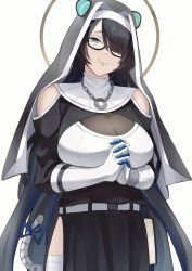 Rule 34 | 1girl, absurdres, android, animal ears, blue eyes, breasts, cleavage, clothing cutout, erina makina, glasses, hair over one eye, highres, large breasts, long hair, mchiefy, mechanical arms, multicolored hair, nun, phase connect, see-through, see-through cleavage, shoulder cutout, single mechanical arm, smile, streaked hair, tail, tiger tail, virtual youtuber