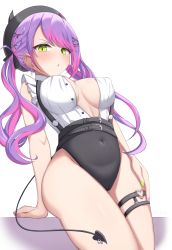 Rule 34 | 1girl, absurdres, ass, black hat, blush, breasts, cameltoe, covered navel, demon tail, ear piercing, earrings, frills, green eyes, hair ornament, hairclip, hashira 14, hat, highres, hololive, jewelry, leotard, long hair, looking at viewer, multicolored hair, nail polish, no bra, o-ring, o-ring thigh strap, parted lips, piercing, pink hair, purple hair, shirt, solo, suspenders, tail, thigh strap, thighs, tokoyami towa, twintails, unbuttoned, unbuttoned shirt, virtual youtuber