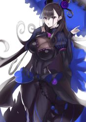 Rule 34 | 1girl, akatsuki ikki, black dress, black eyes, black hair, breasts, curly hair, dress, eyebrows hidden by hair, fate/grand order, fate (series), hair between eyes, highres, holding, holding umbrella, large breasts, long hair, looking at viewer, murasaki shikibu (fate), open mouth, simple background, solo, umbrella, very long hair, white background