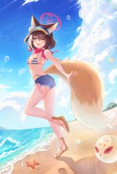 Rule 34 | 1girl, absurdres, animal ear fluff, animal ears, ball, bare arms, bare legs, bare shoulders, beach, beachball, bikini, blue archive, blue bikini, blue shorts, blue sky, blush, breasts, brown footwear, brown hair, cloud, cloudy sky, colored inner animal ears, commentary request, denim, denim shorts, double-parted bangs, eyeshadow, fang, fox ears, fox girl, fox tail, hair between eyes, halo, highres, horizon, izuna (blue archive), izuna (swimsuit) (blue archive), legs, looking at viewer, makeup, medium breasts, mountainous horizon, nail polish, ocean, official alternate costume, one side up, open mouth, outdoors, pink halo, pink scarf, red eyeshadow, rope, sandals, scarf, shimenawa, short hair, short shorts, shorts, skin fang, sky, smile, solo, standing, standing on one leg, starfish, string bikini, striped bikini, striped clothes, swimsuit, tail, toenail polish, toenails, toes, visor cap, white stripes, xary, yellow eyes