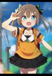 Rule 34 | 1girl, absurdres, aged down, bag, brown hair, hair ornament, hat, highres, hololive, letterboxed, natsuiro matsuri, okota mikan, school bag, school hat, solo, twintails, v, virtual youtuber