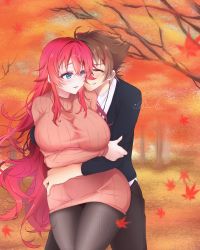 Rule 34 | 1boy, 1girl, absurdres, ahoge, artist name, autumn leaves, black pants, blue eyes, blush, breasts, brown hair, couple, curvy, closed eyes, forest, high school dxd, highres, hug, hug from behind, hyoudou issei, large breasts, long hair, nature, pants, red hair, ria a9, rias gremory, ribbed sweater, signature, smile, standing, sweater, thick thighs, thighs, tree, wide hips