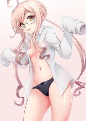 Rule 34 | 1girl, absurdres, black panties, blush, breasts, glasses, gradient background, hair ornament, highres, kantai collection, long hair, looking at viewer, makigumo (kancolle), makura (y makura), navel, panties, pink hair, shirt, small breasts, smile, solo, twintails, underwear, very long sleeves, white shirt, yellow eyes
