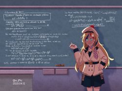 Rule 34 | 1girl, anchor hair ornament, anger vein, belt, beret, blonde hair, blue hair, blue skirt, buttons, chalkboard, commandant teste (kancolle), commentary request, dated, double-breasted, dress, french commentary, french text, hair ornament, hat, highres, jacket, kantai collection, long hair, looking at viewer, math, mixed-language commentary, multicolored clothes, multicolored hair, multicolored scarf, one-hour drawing challenge, pleated skirt, pom pom (clothes), red hair, scarf, skirt, solo, streaked hair, swept bangs, translated, vi3r6ein, wavy hair, white hair