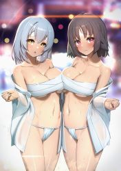 Rule 34 | 2girls, absurdres, black hair, blurry, blush, bokeh, breast press, breasts, budget sarashi, cameltoe, closed mouth, collarbone, commentary request, copyright request, depth of field, fundoshi, grey hair, hand up, highres, ichihachiyon, japanese clothes, large breasts, looking at viewer, multiple girls, navel, off shoulder, open mouth, red eyes, sarashi, see-through, short hair, standing, stomach, sweat, yellow eyes