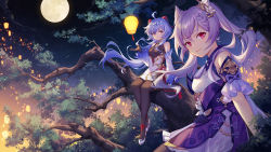 Rule 34 | 2girls, bare shoulders, bell, black pantyhose, blue hair, braid, branch, breasts, cone hair bun, cowbell, detached sleeves, double bun, dress, frilled dress, frilled sleeves, frills, full moon, ganyu (genshin impact), genshin impact, gloves, hair bun, hair ornament, hairclip, high heels, horns, keqing (genshin impact), lantern, lantern festival, long sleeves, looking at viewer, moon, multiple girls, night, night sky, panpanmeiyou hp, pantyhose, paper lantern, purple eyes, purple hair, sitting, sky, sky lantern, smile, tree, twintails