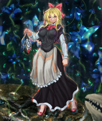 Rule 34 | 1girl, alternate breast size, apron, black capelet, black dress, blonde hair, blouse, blue eyes, blue flower, bow, bowtie, breasts, capelet, closed mouth, colored eyelashes, commentary request, cookie (touhou), dress, eyes visible through hair, floral background, flower, frilled apron, frills, full body, genderswap, genderswap (mtf), hair between eyes, hair bow, hazuna rio, high heels, highres, holding, holding mask, impossible clothes, impossible dress, large breasts, long hair, long sleeves, looking at viewer, mask, poopdick, red bow, red bowtie, red footwear, shanghai doll, shirt, smile, solo, standing, touhou, waist apron, white apron, white shirt
