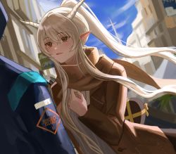 Rule 34 | 1girl, 1other, :d, absurdres, alternate costume, alternate hairstyle, arknights, black coat, blonde hair, blue sky, blush, box, brown coat, brown eyes, brown scarf, building, chocolate, coat, commentary request, day, doctor (arknights), gift, hand on own chest, hasegawamorito, heart-shaped box, highres, holding, holding gift, horns, long hair, long sleeves, looking at another, open clothes, open coat, open mouth, outdoors, pointy ears, ponytail, scarf, shining (arknights), sidelocks, sky, smile, solo focus, sweater, town, upper body, valentine, very long hair, white sweater