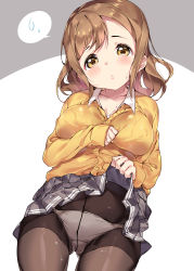 Rule 34 | 1girl, absurdres, blush, breasts, brown eyes, brown hair, brown pantyhose, cardigan, clothes lift, collarbone, collared shirt, crotch seam, dutch angle, gluteal fold, grey background, grey skirt, head tilt, highres, kunikida hanamaru, large breasts, lifted by self, love live!, love live! sunshine!!, panties, panties under pantyhose, pantyhose, parted lips, pleated skirt, shirt, skirt, skirt lift, solo, spoken sweat, tem10, two-tone background, underwear, wet, wet clothes, wet hair, wet skirt, white background, white panties, white shirt, yellow cardigan