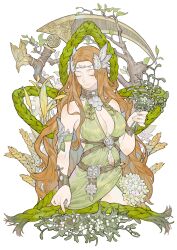 Rule 34 | 1girl, absurdres, bare shoulders, bracelet, branch, breasts, circlet, cleavage, cleavage cutout, closed eyes, clothing cutout, cropped torso, detached sleeves, dress, facing viewer, feathers, final fantasy, final fantasy xiv, green dress, hair ornament, highres, holding, holding plant, jewelry, large breasts, leaf, leaf hair ornament, lege bushi shiwu, long hair, nophica, orange hair, plant, scythe, sleeveless, sleeveless dress, smile, solo, upper body, wavy hair, wheat, wreath