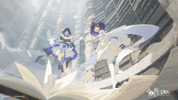 Rule 34 | 2022, :d, ahoge, black hair, bloomers, blue dress, blue eyes, blue hair, book, boots, character name, cloud, colored inner hair, commentary, commentary request, day, dress, english commentary, english text, eyebrows hidden by hair, fanbox username, flying paper, foreshortening, from behind, from below, gradient eyes, grimoire, hair between eyes, high heels, highres, holding, holding book, honkai (series), honkai impact 3rd, layered dress, library, looking at viewer, mixed-language commentary, multicolored eyes, multicolored hair, multiple girls, open book, open mouth, paper, perspective, purple eyes, seele vollerei, short hair, smile, sunlight, thigh boots, thighhighs, thighs, underwear, void 0, white dress, white legwear