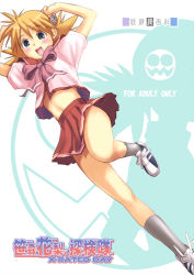 Rule 34 | 00s, 1girl, :d, black socks, blonde hair, blue eyes, blush, full body, kneehighs, looking at viewer, navel, open mouth, red skirt, sasamori karin, school uniform, shirt, shoes, short hair, short sleeves, skirt, smile, sneakers, socks, solo, spiked hair, thighs, to heart (series), to heart 2, twintails, white shirt