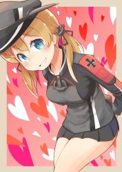 Rule 34 | 1girl, black skirt, blonde hair, blue eyes, blush, dated, grey hat, hair between eyes, hat, heart, highres, kantai collection, long hair, long sleeves, low twintails, military, military uniform, miniskirt, open mouth, peaked cap, pleated skirt, prinz eugen (kancolle), skirt, smile, solo, toge nbo, twintails, twitter username, uniform, valentine