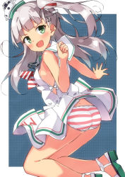 Rule 34 | 1girl, ass, bare arms, bare shoulders, beritabo, blush, breasts, commentary request, dress, green eyes, green footwear, grey hair, hat, highres, kantai collection, long hair, looking at viewer, looking to the side, maestrale (kancolle), mini hat, one side up, panties, sailor collar, sailor dress, sandals, sleeveless, sleeveless dress, small breasts, solo, striped clothes, striped panties, underwear, very long hair, white dress, white hat, white sailor collar