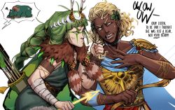 Rule 34 | 1boy, 1girl, absurdres, anger vein, angry, apollo (hades), arm wrap, armor, arrow (projectile), artemis (hades), bear, blonde hair, bow (weapon), braid, brother and sister, cape, commentary, dark-skinned male, dark skin, english commentary, english text, facial mark, fur trim, grabbing another&#039;s hair, grace kim (ryuuna), green eyes, green hair, hades (series), hades 1, hades 2, highres, laurel crown, quiver, siblings, single braid, weapon, yellow eyes