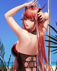 Rule 34 | 1girl, animal ears, bare arms, bare back, bare shoulders, black one-piece swimsuit, blue sky, breasts, casual one-piece swimsuit, chaos (dungeon and fighter), character request, day, dungeon and fighter, fins, from behind, halterneck, hands up, head fins, heterochromia, highres, horns, knight (dungeon and fighter), large breasts, lipstick, long hair, looking at viewer, looking back, makeup, monaim, ocean, one-piece swimsuit, orange eyes, outdoors, parted lips, red eyes, red hair, red lips, seductive smile, showering, sky, smile, solo, swimsuit, upper body, water, wet