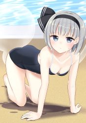 Rule 34 | 1girl, :/, alternate costume, ass, bare shoulders, beach, bent over, black hairband, blue one-piece swimsuit, blush, breasts, cleavage, closed mouth, collarbone, commentary request, dripping, eyelashes, green eyes, hairband, hands on ground, highres, hitodama, kneeling, konpaku youmu, looking at viewer, medium breasts, ocean, one-piece swimsuit, outdoors, sand, short hair, silver hair, solo, stigma1101, sweat, sweatdrop, swimsuit, tagme, thighs, touhou, water