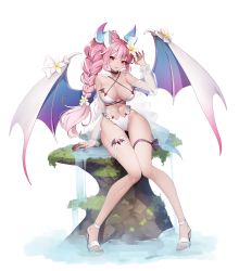 Rule 34 | 1girl, absurdres, akashic chronicle, alice (akashic chronicle), ankkoyom, bikini, black choker, braid, braided ponytail, breasts, choker, commentary request, demon girl, demon horns, demon wings, flower, full body, hair flower, hair ornament, high heels, highres, horns, knees together feet apart, large breasts, long hair, long sleeves, looking at viewer, navel, parted lips, pink hair, red eyes, sandals, see-through, see-through sleeves, simple background, sitting, smile, solo, stomach, swimsuit, thigh strap, very long hair, white background, white bikini, white flower, white footwear, wings