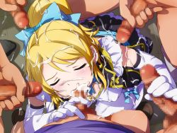 Rule 34 | 10s, 1girl, 5boys, ayase eli, blonde hair, blush, breasts, bukkake, censored, cum, cum in mouth, cum on body, cum on clothes, cum on hair, cum on lower body, cum on upper body, earrings, ejaculation, elbow gloves, closed eyes, facial, fellatio, gloves, group sex, hair ribbon, handjob, head out of frame, jewelry, long hair, love live!, love live! school idol project, multiple boys, oral, penis, ponytail, ribbon, sameha ikuya, shoes, skirt, solo focus, squatting, standing, white legwear