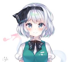 Rule 34 | 1girl, bad id, bad pixiv id, black bow, black bowtie, black hairband, black ribbon, blue eyes, blush, bob cut, bow, bowtie, breath, buttons, closed mouth, collared shirt, commentary, dragon, green vest, hair ribbon, hairband, konpaku youmu, konpaku youmu (ghost), looking at viewer, puffy short sleeves, puffy sleeves, ribbon, shirt, short hair, short sleeves, sidelocks, signature, simple background, smile, solo, touhou, upper body, urim (paintur), vest, white background, white hair, white shirt, wing collar