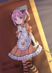 Rule 34 | 1girl, absurdres, amemiya ruki, animal ears, bag, blush, cat ears, cat tail, dress, happy halloween, highres, looking at viewer, open mouth, original, pink eyes, pink hair, solo, striped clothes, striped thighhighs, tail, tears, thighhighs, twintails, watch, wristwatch
