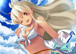 Rule 34 | 10s, 1girl, :d, ahoge, arms at sides, bare arms, bare shoulders, bikini, bikini pull, breast lift, breasts, clothes down, clothes pull, cloud, cloudy sky, dark-skinned female, dark skin, day, dragon, flower, from side, granblue fantasy, hair between eyes, hair flower, hair ornament, looking at viewer, medium breasts, navel, one eye closed, onikiri, open mouth, red eyes, sky, smile, solo, stomach, swimsuit, upper body, white background, white bikini, zooey (granblue fantasy), zooey (summer) (granblue fantasy)