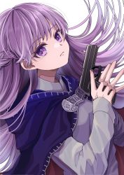 Rule 34 | 1girl, absurdres, baggy clothes, blue cape, blue dress, braid, cape, commission, commissioner upload, dress, expressionless, fire emblem, fire emblem: the binding blade, french braid, gun, highres, holding, holding gun, holding weapon, long hair, looking at viewer, nintendo, purple eyes, purple hair, solo, sophia (fire emblem), standing, transparent background, weapon, yoshiki1020