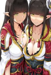 Rule 34 | 2girls, asymmetrical docking, black hair, blunt bangs, breast press, breasts, cleavage, closed mouth, hair ornament, hews, highres, hinoa, japanese clothes, jewelry, kimono, large breasts, long hair, long sleeves, looking at viewer, minoto, mole, mole on breast, monster hunter (series), monster hunter rise, multiple girls, necklace, obi, pointy ears, sash, siblings, sidelocks, sisters, smile, twins, white background, white kimono, wide sleeves, yellow eyes