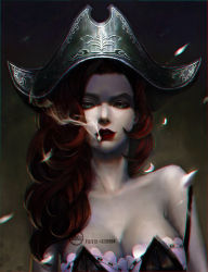Rule 34 | 1girl, bare shoulders, breasts, cleavage, collarbone, hat, league of legends, looking at viewer, mbguman, petals, pirate hat, red hair, miss fortune (league of legends), smile, smoking, solo