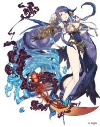 Rule 34 | 1girl, asymmetrical clothes, barefoot, blue eyes, bracelet, breasts, fins, full body, gauntlets, gold trim, hair ornament, highres, jewelry, ji no, large breasts, long hair, looking at viewer, ningyo hime (sinoalice), official art, purple hair, sinoalice, smoke, solo, sword, tears, very long hair, water, weapon, white background