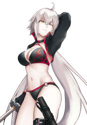Rule 34 | 1girl, absurdres, ahoge, arm behind head, arm up, bikini, black bikini, black gloves, black jacket, breasts, choker, cleavage, cropped jacket, english text, fate/grand order, fate (series), gloves, grey hair, hair between eyes, highres, holding, holding sword, holding weapon, jacket, jeanne d&#039;arc alter (fate), jeanne d&#039;arc alter (swimsuit berserker) (fate), katana, large breasts, long hair, looking up, navel, o-ring, o-ring bikini, o-ring bottom, o-ring top, one eye closed, poiramee, shrug (clothing), simple background, solo, swimsuit, sword, thigh strap, very long hair, weapon, white background, yellow eyes