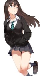 Rule 34 | 1girl, 92m, blush, breasts, brown hair, cardigan, commentary, gluteal fold, green eyes, highres, idolmaster, idolmaster cinderella girls, jewelry, long hair, long sleeves, medium breasts, necklace, necktie, shibuya rin, simple background, skirt, smile, thighs, white background