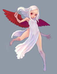 Rule 34 | 1girl, angel, barefoot, red eyes, red wings, simple background, solo, weno, white hair, wings