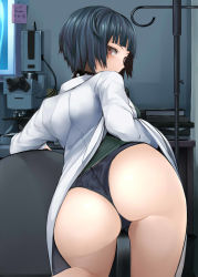 Rule 34 | 1girl, arm support, ass, between legs, black choker, black panties, blue hair, blunt bangs, book, book stack, chair, choker, highres, indoors, lab coat, leaning forward, long sleeves, looking at viewer, looking back, microscope, nemu (nebusokugimi), no pants, open clothes, panties, persona, persona 5, red eyes, scientist, shelf, short hair, solo, studded choker, takemi tae, thighs, underwear