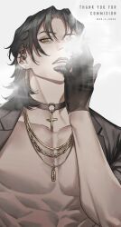 Rule 34 | 1boy, abs, absurdres, artist name, bishounen, black choker, black gloves, black hair, black jacket, chain necklace, choker, cigarette, collarbone, commission, cross, dangle earrings, earrings, english text, eyelashes, eyeliner, from below, gloves, go e 0000, gold necklace, green eyes, hair over shoulder, hand up, highres, holding, holding cigarette, jacket, jewelry, lapels, lips, looking at viewer, looking down, makeup, male focus, medium hair, mullet, multiple necklaces, muscular, muscular male, necklace, nose, nostrils, obliques, open clothes, open jacket, open mouth, original, parted bangs, parted hair, pectorals, pendant choker, simple background, skeb commission, sleeves rolled up, smoke, smoking, solo, teeth, thank you, upper body, upper teeth only, white background