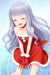 Rule 34 | 1girl, alternative girls, bare arms, bare shoulders, blue background, breasts, choker, dress, closed eyes, gloves, hiiragi tsumugi, long hair, official art, open mouth, red choker, red dress, red gloves, silver hair, small breasts, smile, solo