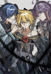 3boys absurdres ahoge bare_shoulders black_dress black_ribbon black_scarf blonde_hair blue_eyes blue_hair closed_mouth crossdressing dress eyepatch flower frills grey_background hair_between_eyes hair_over_one_eye hair_ribbon hat highres holding_hands imitation_black_(vocaloid) kagamine_len kaito_(vocaloid) kamui_gakupo long_hair long_sleeves looking_at_viewer male_focus mini_hat multiple_boys nail_polish nidu_(2du_du) ponytail profile purple_hair purple_nails red_flower red_rose ribbon rose scarf short_hair smile trap upper_body vanan&#039;ice vocaloid