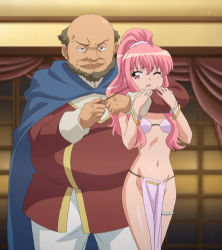 Rule 34 | 00s, 1boy, 1girl, anime screenshot, bikini, dancer, fat, fat man, hostage, jewelry, loincloth, long hair, lots of jewelry, louise francoise le blanc de la valliere, no panties, one eye closed, pink eyes, pink hair, ponytail, screencap, slave, spoils, stitched, swimsuit, third-party edit, wink, you gonna get raped, zero no tsukaima