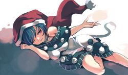 Rule 34 | 1girl, :d, black dress, blob, blue hair, doremy sweet, dream soul, dress, fuukadia (narcolepsy), hat, holding, lying, multicolored clothes, multicolored dress, nightcap, off shoulder, on side, one eye closed, open mouth, pom pom (clothes), red eyes, red hat, short hair, smile, solo, tail, tapir tail, touhou, white dress