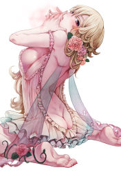 Rule 34 | 019, 1girl, ass, back, backless outfit, bad id, bad pixiv id, bare back, barefoot, blonde hair, blush, breasts, butt crack, dimples of venus, fairy wings, feet, flower, frills, from behind, hair flower, hair ornament, hands on own face, large breasts, long hair, looking at viewer, looking back, nail polish, off shoulder, original, own hands together, parted lips, pink flower, pink rose, plantar flexion, red eyes, red nails, rose, satou saori, shoulder blades, sideboob, sitting, sleeveless, soles, solo, strap slip, toenail polish, toenails, toes, wariza, wings