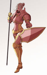 Rule 34 | armor, blonde hair, breastplate, fire emblem, fire emblem fates, full body, gauntlets, glaring, greaves, grey background, highres, holding, holding shield, holding weapon, long hair, looking at viewer, nintendo, pauldrons, polearm, shield, shoulder armor, simple background, solo, spear, weapon