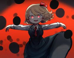Rule 34 | 1girl, ascot, blonde hair, breasts, collared shirt, darkness, hair ribbon, highres, long sleeves, medium breasts, open mouth, outstretched arms, piaki, red ascot, red eyes, red ribbon, ribbon, rumia, shirt, short hair, smile, solo, spread arms, touhou, white shirt
