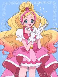 Rule 34 | 1girl, blush, bow, commentary request, cure flora, earrings, flower, flower earrings, flower necklace, gloves, go! princess precure, green eyes, haruno haruka, highres, jewelry, long hair, magical girl, melon hamburg bentou, multicolored hair, necklace, open mouth, pink bow, precure, puffy sleeves, smile, solo, streaked hair, two-tone hair, waist bow, waist brooch, white gloves