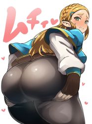 Rule 34 | 1girl, ass, belt, belt buckle, blonde hair, breasts, buckle, cowboy shot, embarrassed, eyebrows, fingerless gloves, gloves, green eyes, hair ornament, hairclip, heart, highres, hip focus, huge ass, long hair, looking at viewer, looking back, nintendo, nuezou, open mouth, pants, pointy ears, princess zelda, sideboob, simple background, smile, solo, the legend of zelda, the legend of zelda: breath of the wild, thighs, tight clothes, tight pants, white background, wide hips
