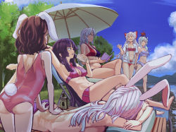 Rule 34 | 6+girls, animal ears, applying sunscreen, arm behind head, arm up, armpits, ass, back, beach chair, beach umbrella, bikini, bikini bottom only, bikini under clothes, black hair, blue hair, book, braid, breasts, brown hair, closed mouth, clothing cutout, collarbone, crotch seam, cup, day, dress shirt, drinking straw, fujiwara no mokou, grey hair, hands on another&#039;s back, hat, height difference, highres, holding, holding book, holding hands, houraisan kaguya, inaba tewi, kaden (muxt8423), kamishirasawa keine, lake, leaning back, leaning forward, long hair, looking at another, lotion, lying, medium breasts, medium hair, multiple girls, navel, on stomach, one-piece swimsuit, open book, open mouth, outdoors, rabbit ears, rabbit tail, reisen udongein inaba, shirt, shoulder blades, sitting, standing, stomach, summer, sunscreen, swimsuit, tail, tail through clothes, topless, touhou, umbrella, walking, water, yagokoro eirin