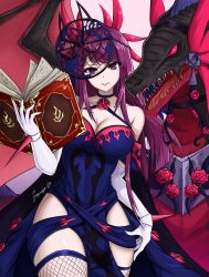 Rule 34 | 1girl, absurdres, bare shoulders, book, breasts, cleavage, cosplay, cut bangs, dress, elbow gloves, fascinator, female focus, fgsketch, fire emblem, fire emblem engage, fishnet thighhighs, fishnets, flower, flower brooch, gloves, hair ornament, highres, holding, holding book, ivy (fire emblem), ivy (fire emblem) (cosplay), jewelry, large breasts, long hair, looking at viewer, matching hair/eyes, mole, mole under mouth, nintendo, off-shoulder dress, off shoulder, parted lips, purple eyes, purple hair, rose, smile, solo, thighhighs, white gloves