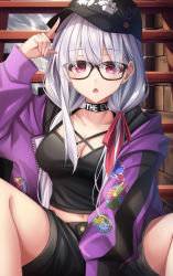 Rule 34 | 1girl, absurdres, arm up, baseball cap, between legs, black-framed eyewear, black choker, black hat, black shirt, black shorts, breasts, choker, cleavage, fate/grand order, fate (series), glasses, hat, highres, index finger raised, jacket, kama (fate), kama (tour outfit) (fate), large breasts, long hair, long sleeves, looking at viewer, low twintails, midriff, nail polish, navel, open clothes, open jacket, open mouth, pink eyes, purple jacket, shirt, short shorts, shorts, sitting, solo, tsukasa tsubasa, twintails, white hair