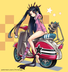 Rule 34 | 1girl, ankle ribbon, black hair, black ribbon, checkered background, fate/grand order, fate (series), highres, hm (hmongt), ishtar (fate), ishtar (swimsuit rider) (fate), jacket, leg ribbon, legs, long hair, looking at viewer, motor vehicle, motorcycle, patreon username, pink jacket, pink thighhighs, red eyes, ribbon, scooter, single thighhigh, sitting, solo, star (symbol), thighhighs, tohsaka rin, twintails, two side up, vespa, yellow background