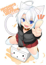 Rule 34 | 1girl, :d, ahoge, animal ears, blue eyes, blush, cat ears, collar, dated, dodome-iro mayonnaise, fang, niconico, open mouth, original, sitting, skirt, smile, solid circle eyes, solo, thighhighs, white hair, white thighhighs