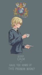 Rule 34 | 1girl, absurdres, black necktie, blonde hair, blue sweater, braid, catchphrase, closed eyes, closed mouth, commentary, cropped torso, cup, darjeeling (girls und panzer), dated, dress shirt, emblem, english text, engrish text, girls und panzer, grey background, heraldry, highres, holding, holding cup, holding saucer, keep calm and carry on, latin text, long sleeves, necktie, ranguage, saucer, school uniform, shirt, short hair, simple background, smile, solo, st. gloriana&#039;s (emblem), st. gloriana&#039;s school uniform, sweater, teacup, twin braids, useless (gss44344), v-neck, white shirt, wing collar